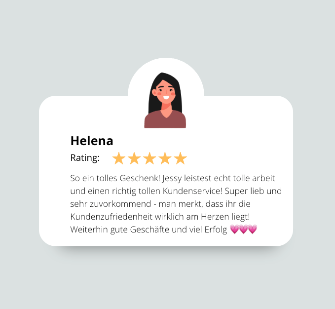 Ein Bild mit einer Kundenbewertung von Helena mit fünf Sternen und drei rosanen Herzen