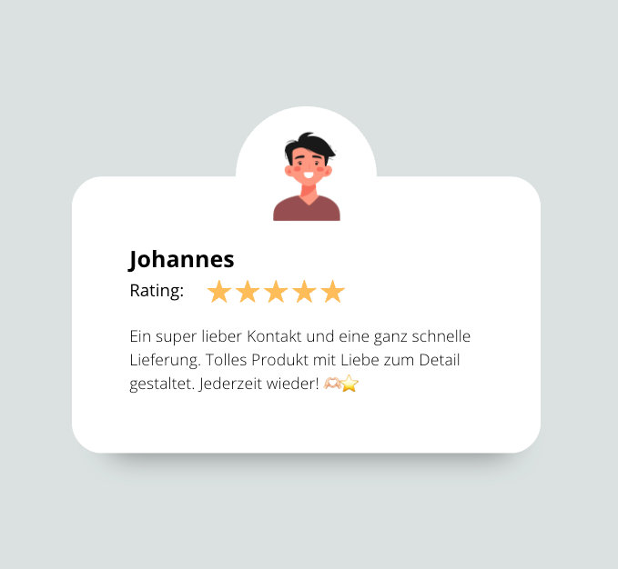 Ein Kunde, der sein Produkt beschreibt, welches er bestellt hat. Weiterhin ein Stern und ein Herz