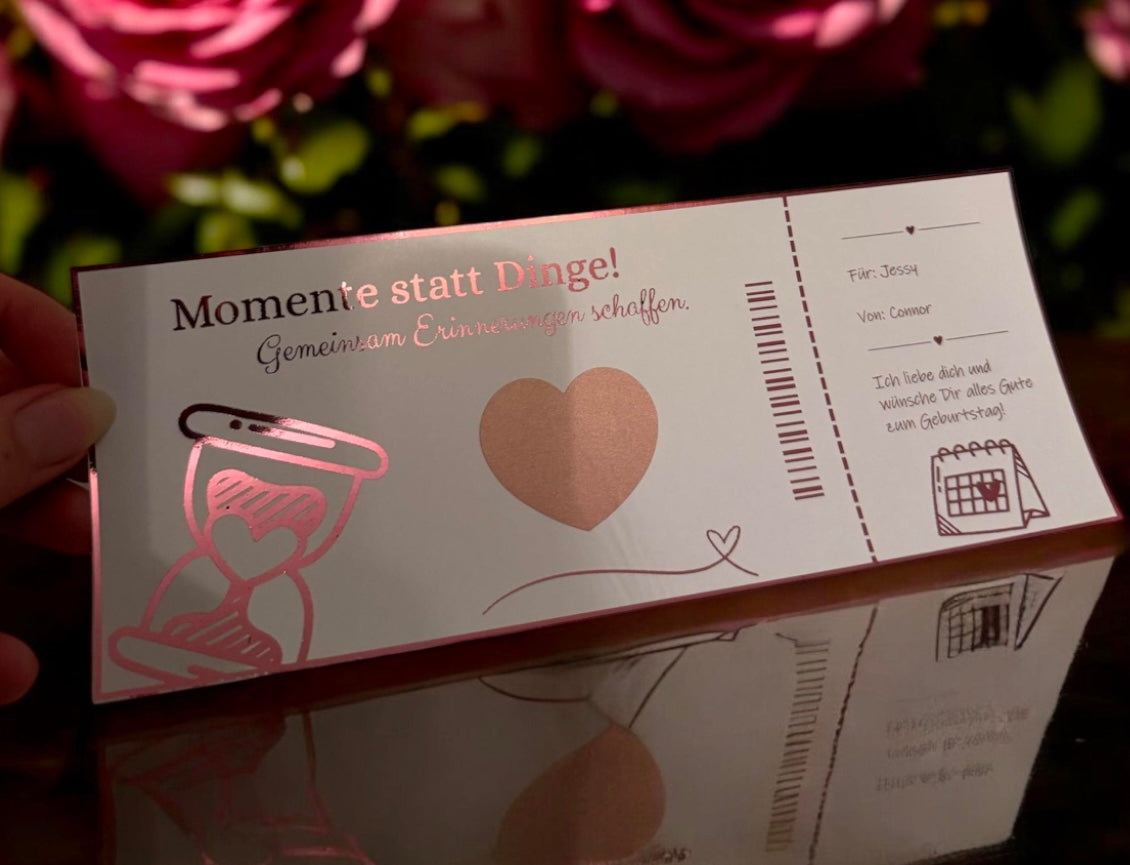 Zeit statt Zeug – Personalisierter Erlebnisgutschein | Folierter Geschenkgutschein mit Rubbelkarte | Zeit statt Zeug – Die perfekte Geschenkidee