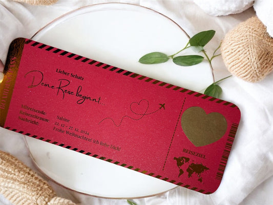 RED EDITION – Personalisierter Reisegutschein auf Rot-Perlmutt-Papier | Boarding Pass Rubbelkarte | Gutschein für Reise & Urlaub | Foliertes Flugticket für Flugreisen