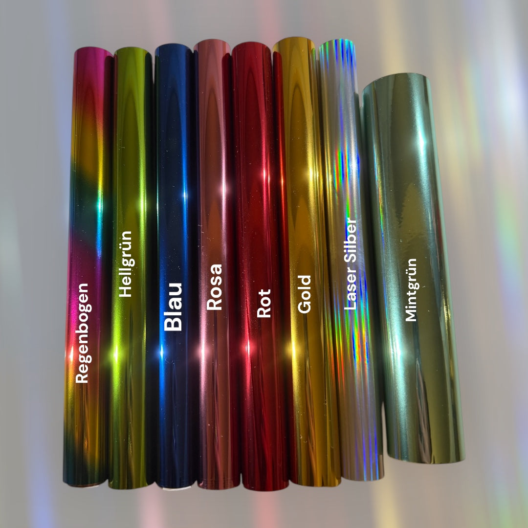 Mögliche Farben der Folierung in Regenbogen, Hellgrün, Blau, Rosa, Rot, Gold, Laser Silber und Mintgrün