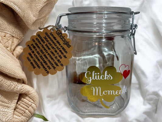 Glücksglas – Glücksmomente im Glas für Besondere Erinnerungen | Glas für Notizen Glücklicher Momente | Perfekte Geschenkidee für Valentinstag, Geburtstag, Jahrestag & Hochzeit